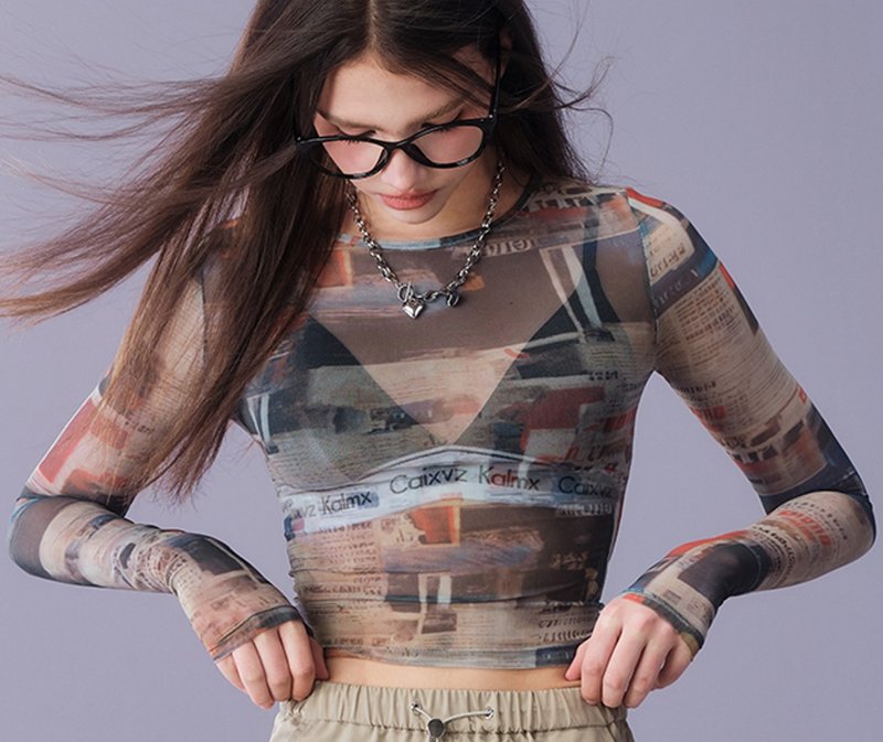 美式复古  印花街头网纱T恤上衣 - 女装 T 恤 - 其他材质 多色