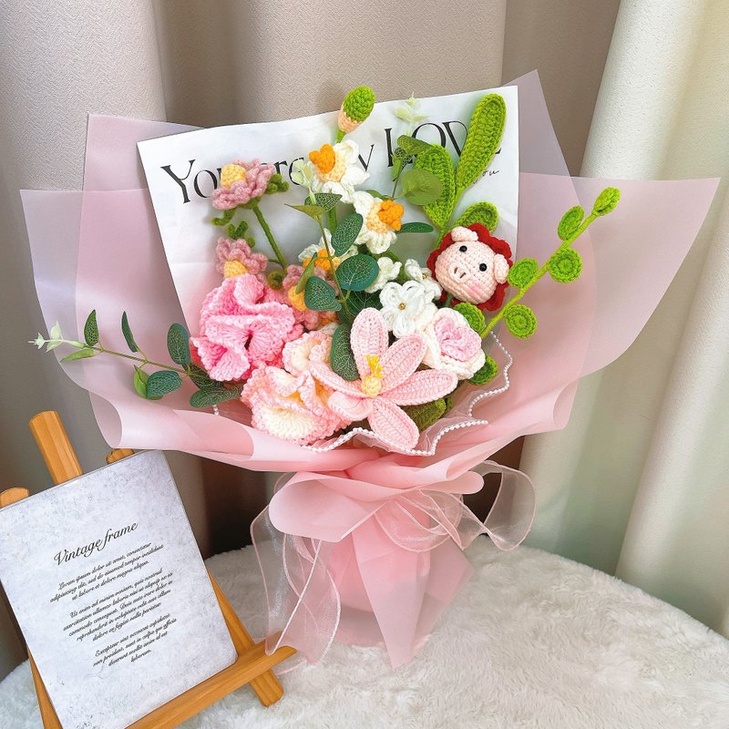 情人节礼盒  手工编织可爱小猪花束 - 干燥花/捧花 - 棉．麻 紫色