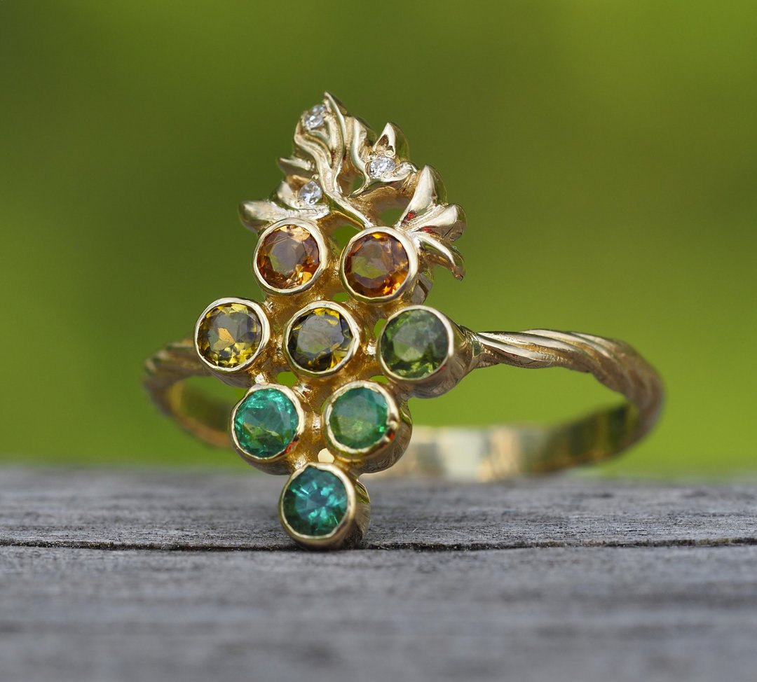 Grapes design gold ring with tourmalines, emeralds and diamonds - 戒指 - 贵金属 金色