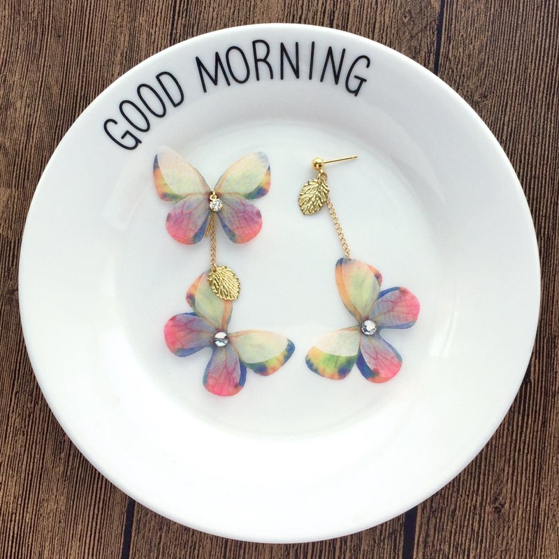 ❤️【耳夾/耳針】❤️原創手工真絲薄紗蝴蝶耳環珍珠耳環水鑽耳環櫻花耳環 - 耳环/耳夹 - 其他材质 粉红色