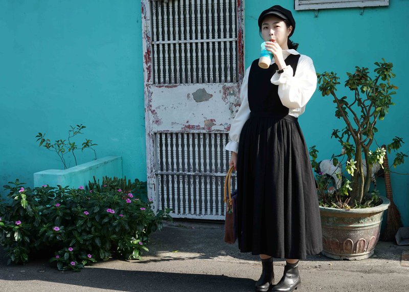 寻宝古着-法式农村少女吊带背心毛呢裙 - 洋装/连衣裙 - 羊毛 黑色