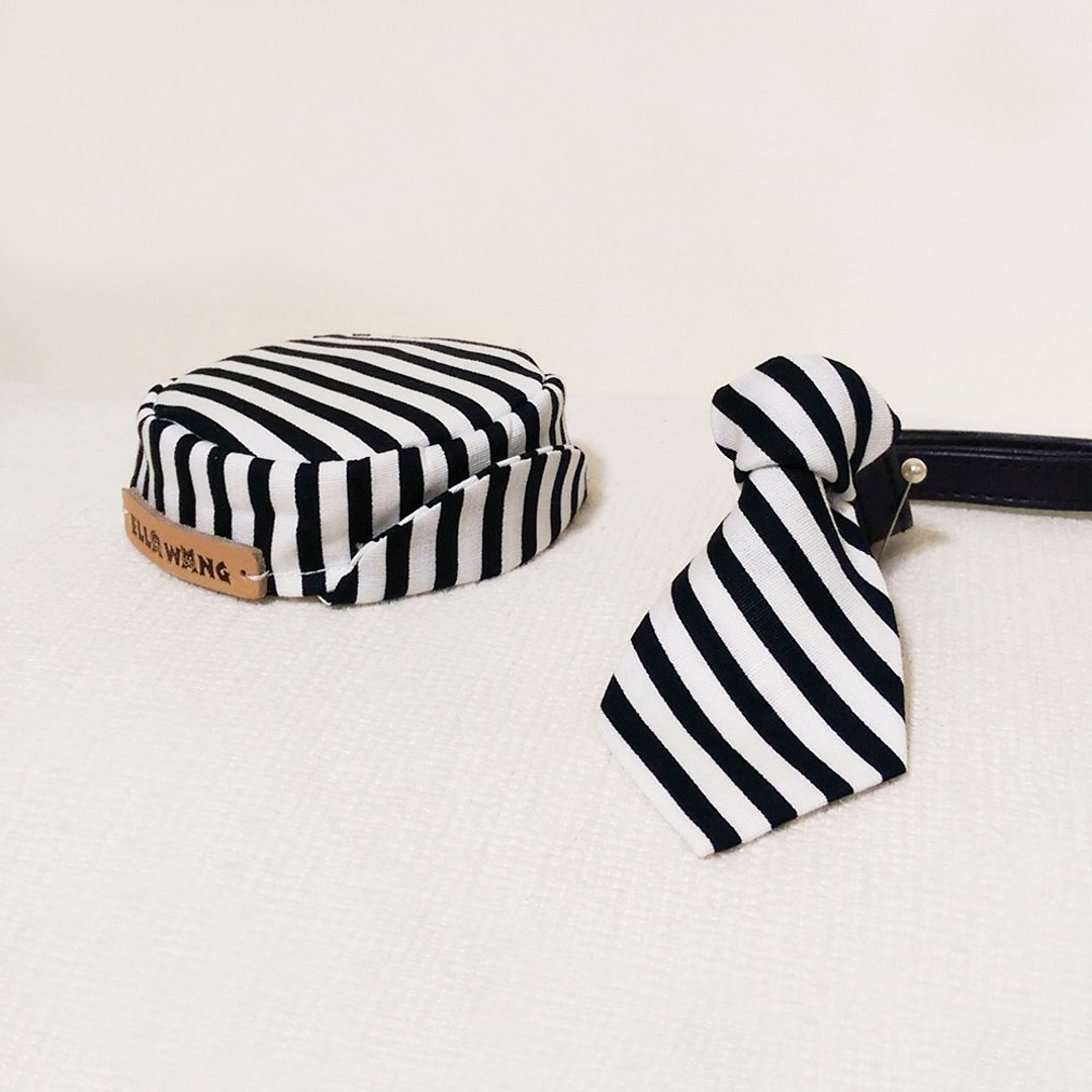 Ella Wang Design Hat 鸭舌帽 + Tie 领带 猫 狗  黑白 条纹 套组 - 衣/帽 - 棉 黑色