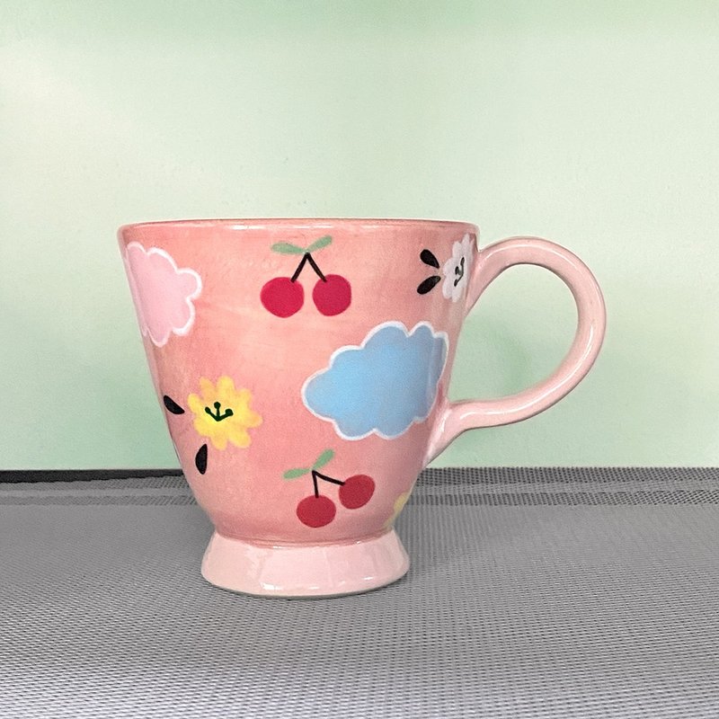 HAND-MADE Cherry flower and cloud Mug - 咖啡杯/马克杯 - 陶 