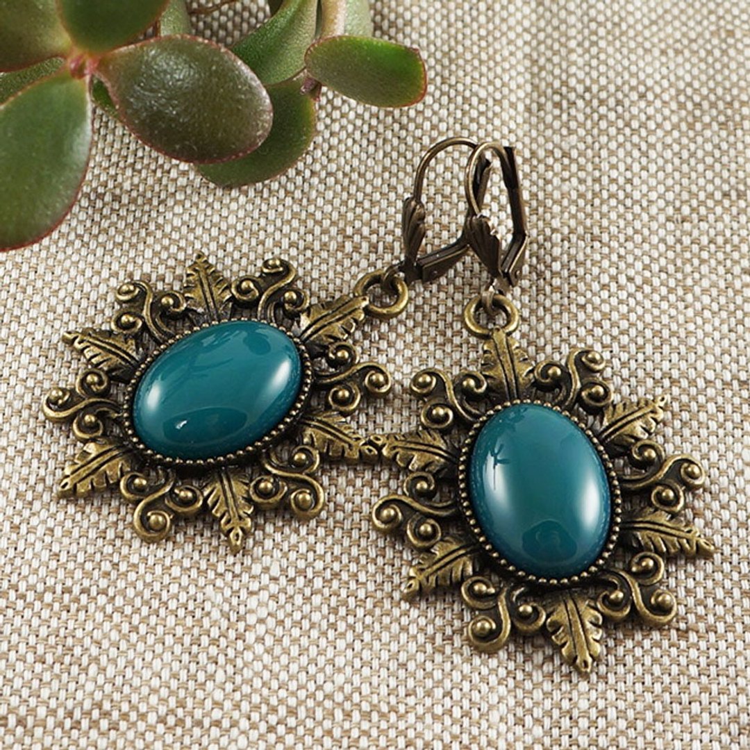 Large Green Agate Earrings Bronze Fern Leaf Forest Statement Earrings Jewelry - 耳环/耳夹 - 半宝石 绿色