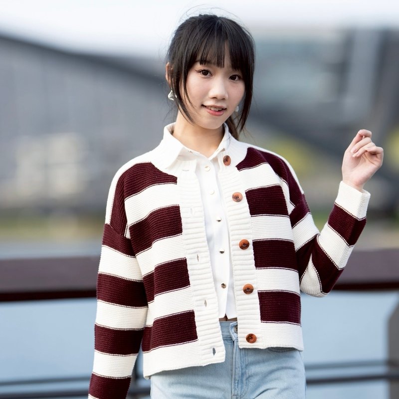 日系条纹开襟针织外套 两色 - 女装针织衫/毛衣 - 聚酯纤维 红色