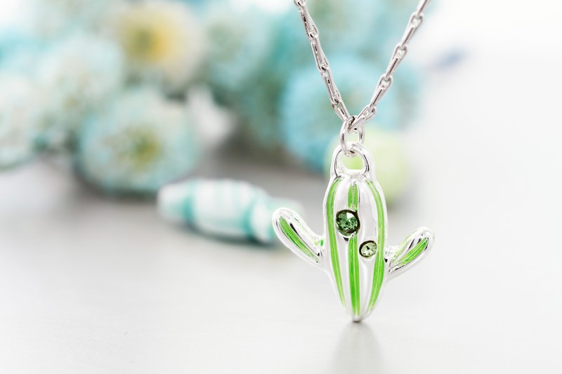 花朵系列 永恒 可爱仙人掌造型项链  透绿彩钻款 (NLAJA0932N-2) - 项链 - 银 绿色