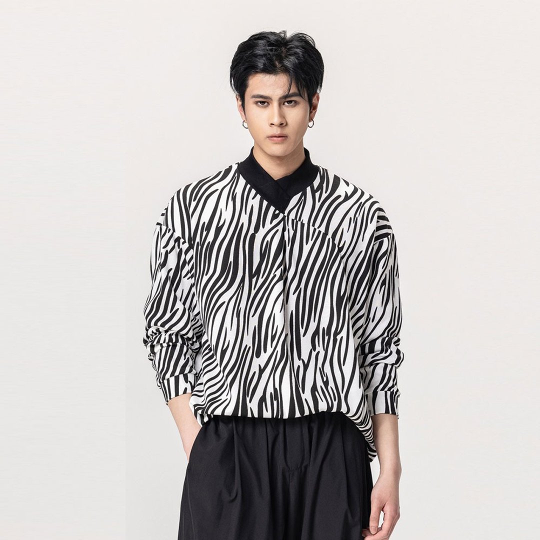 品立春季斑马纹印花长袖T恤男士休闲拼接立领上衣 - 男装上衣/T 恤 - 棉．麻 黑色