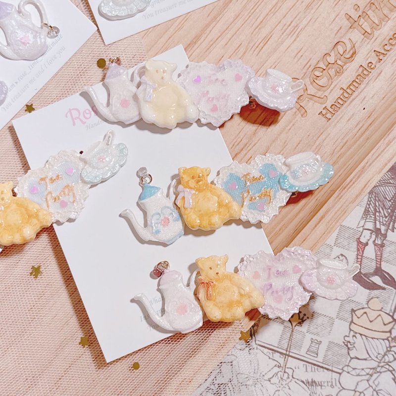 手绘 甜甜下午茶 小熊发夹 4色入 - 发饰 - 粘土 金色