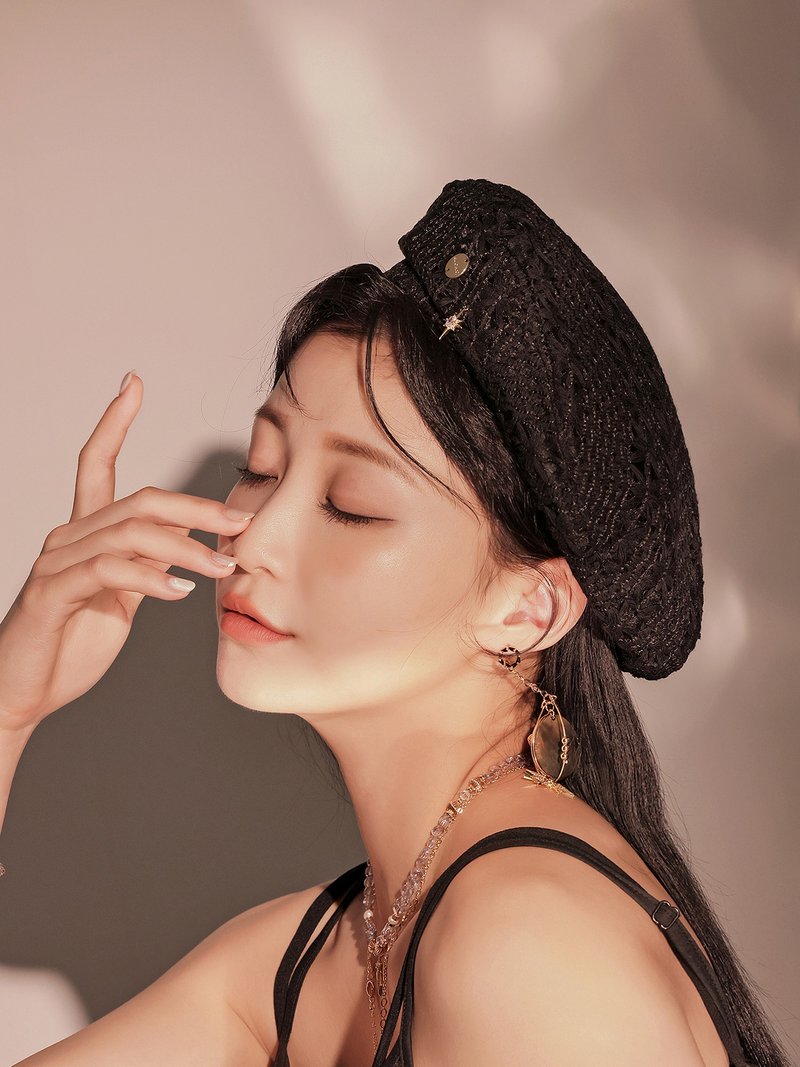 陶醉的文艺少女。MUCHAT手作透纱格纹花贝蕾帽 - 帽子 - 聚酯纤维 黑色