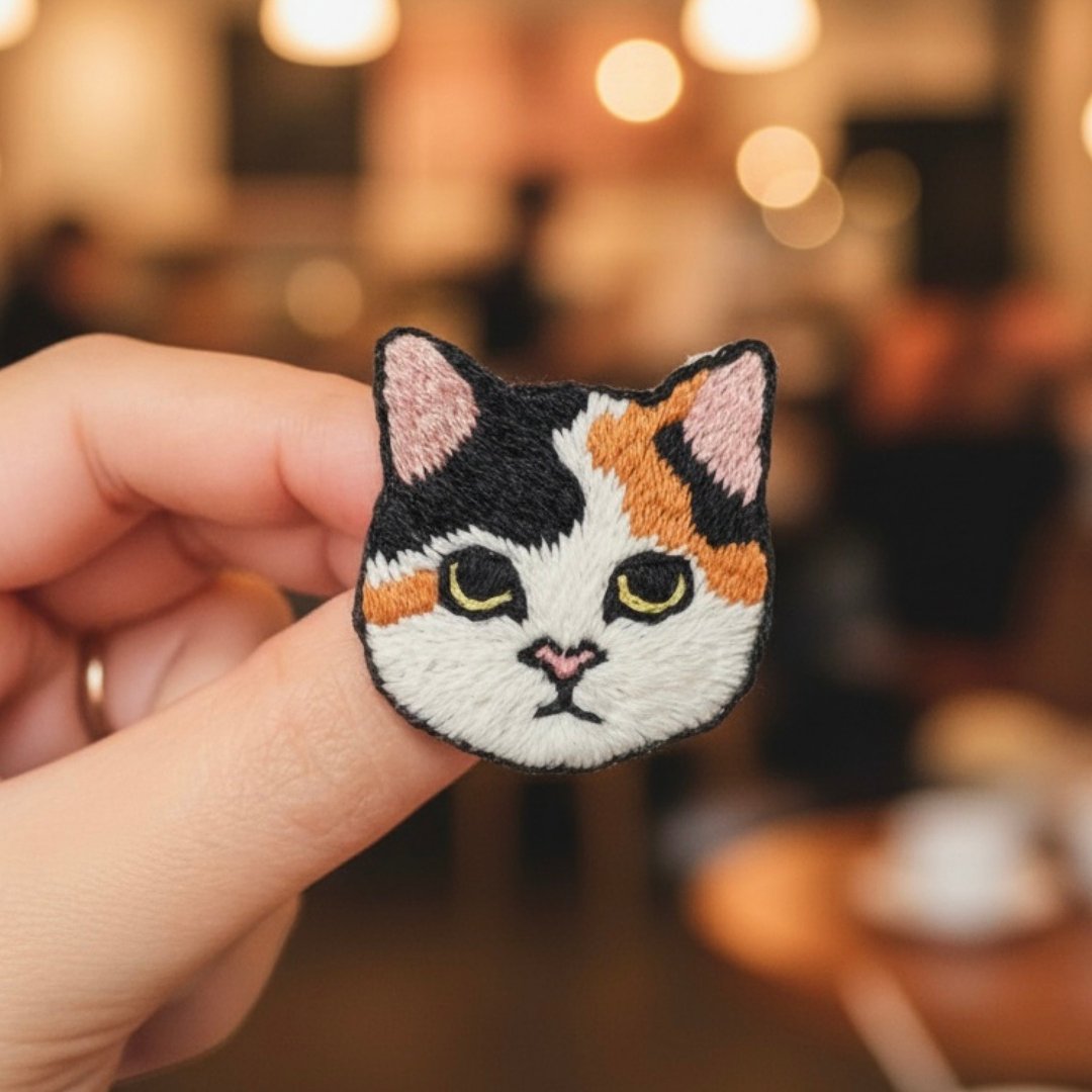 漫画衬衫 Neko Pin (Tama) — 手工刺绣胸针 - 胸针 - 亚麻 橘色