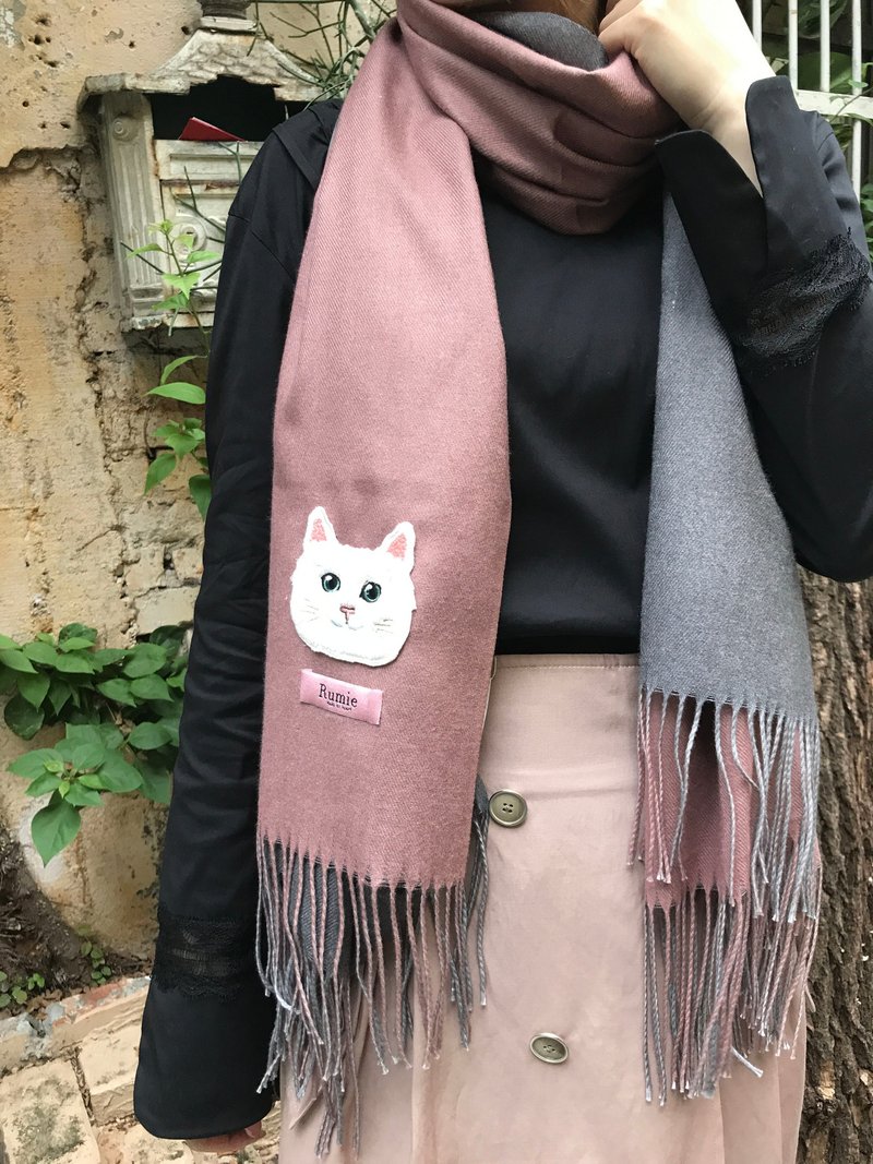 经典 双色 猫咪刺绣 羊绒围巾 (藕粉色+灰色) - 围巾/披肩 - 羊毛 粉红色