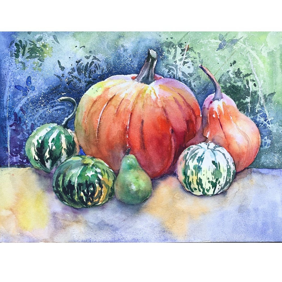 Original Watercolor painting Stillife with Pumpkins Artwork Aquarelle - 墙贴/壁贴 - 纸 多色