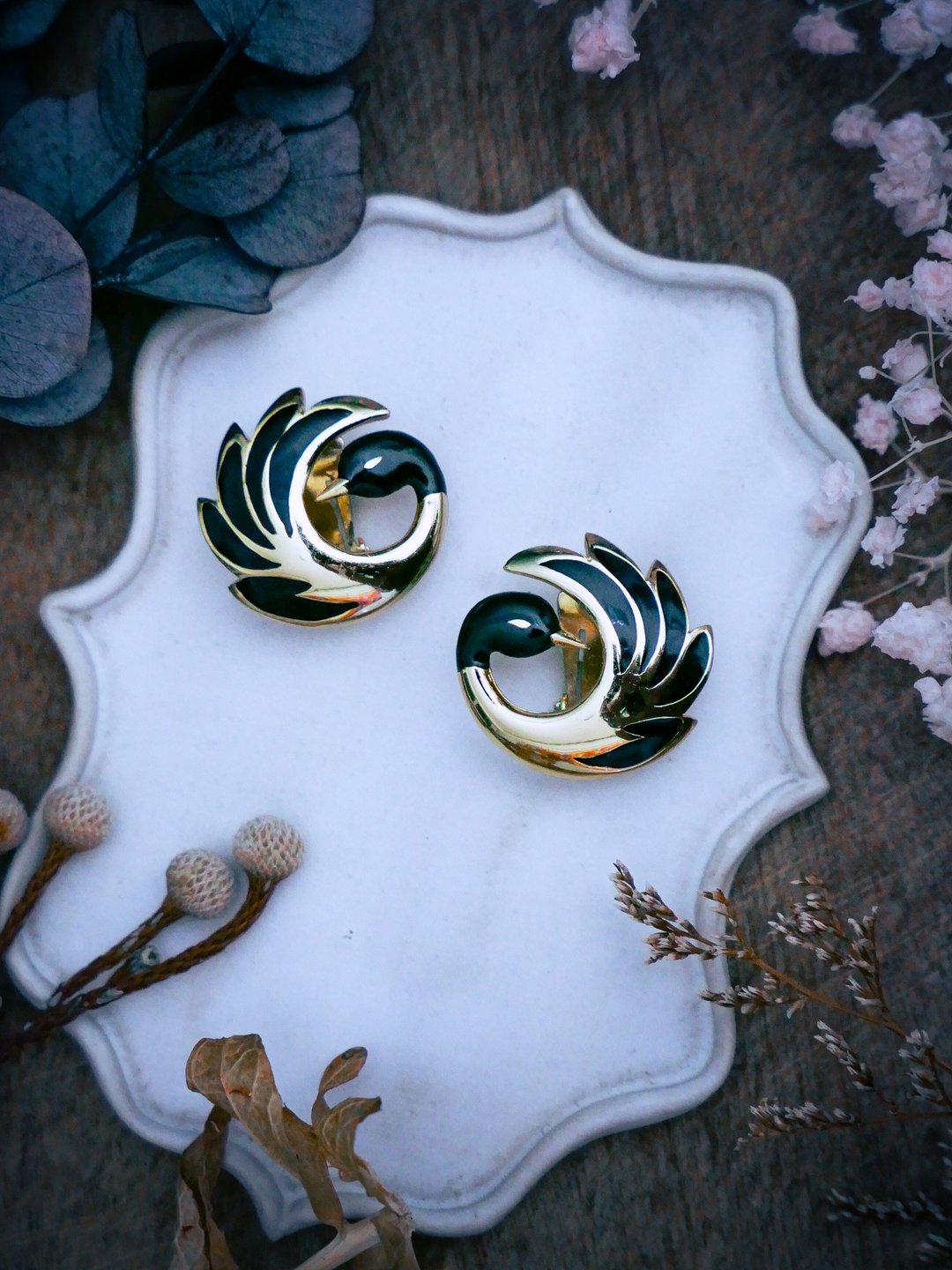 ORENA Paris 黑夜空天鹅珐琅耳环－法国古董首饰 Vintage Jewelry - 耳环/耳夹 - 珐琅 