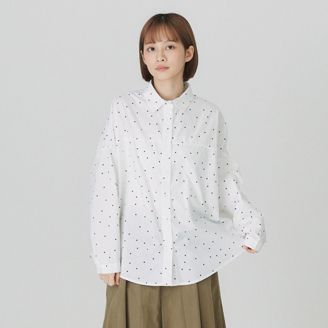 【Simply Yours】圆点长袖衬衫 白F - 女装上衣 - 棉．麻 白色