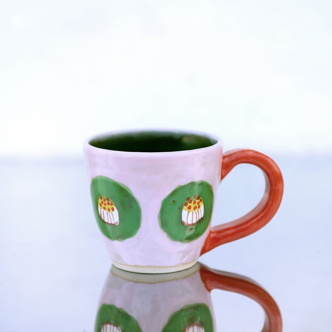 Pop Camellia Mug/Pink Glaze/Red Handle - 咖啡杯/马克杯 - 陶 粉红色