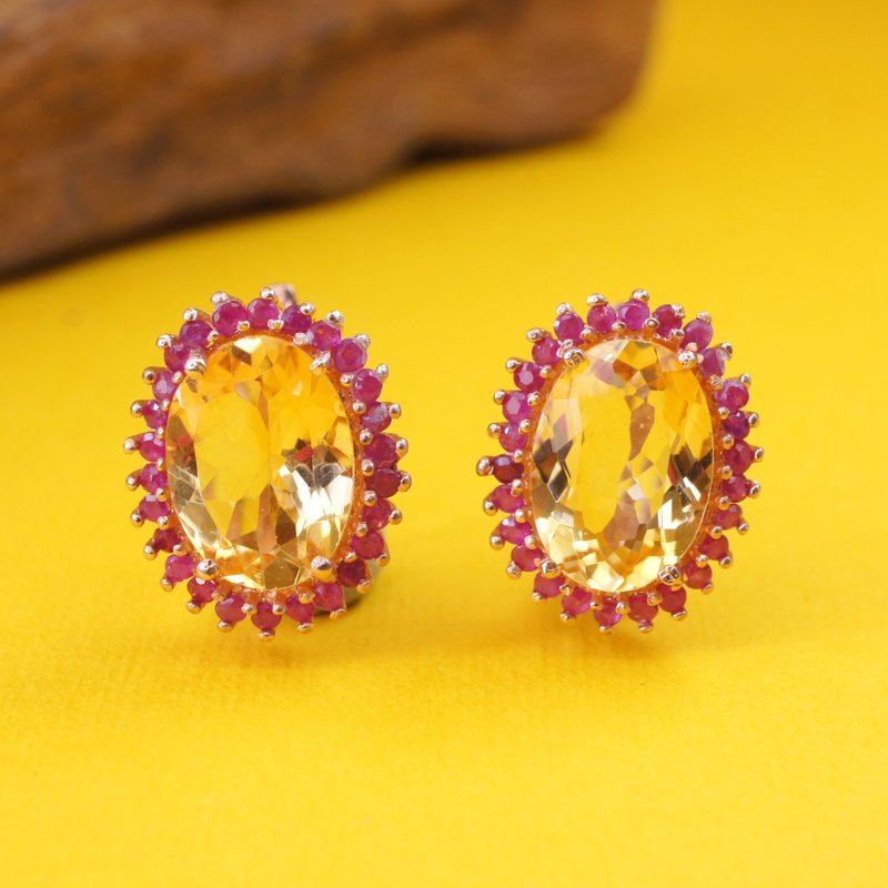 新品万岁! 黄色盛夏 - 黄晶 配 红宝石 纯银 电18K 玫瑰金 耳环 - 耳环/耳夹 - 宝石 黄色