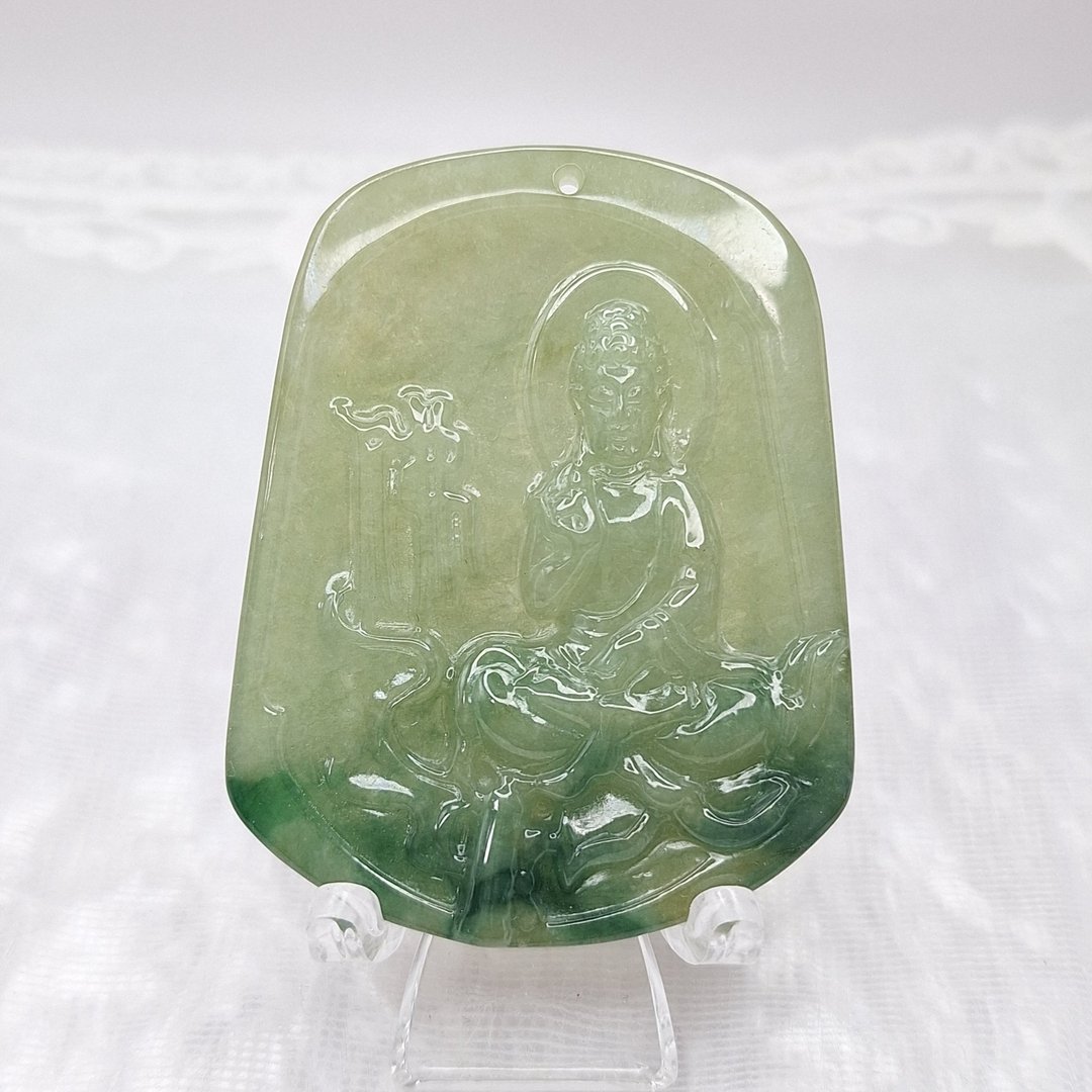 油清绿带飘花佛祖 吊坠 牌件 |天然缅甸玉A货翡翠 - 项链 - 玉石 