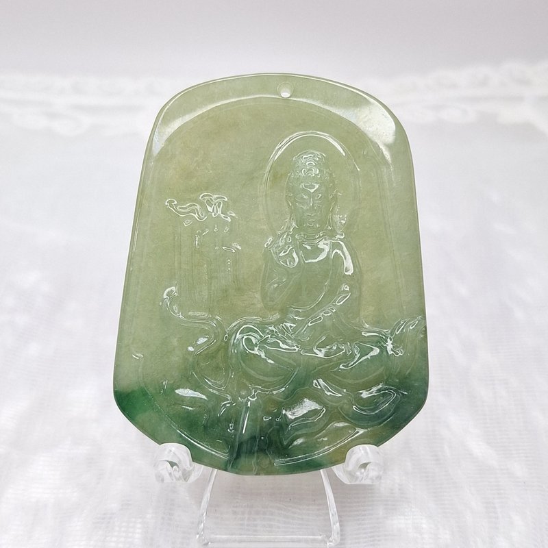 油清绿带飘花佛祖 吊坠 牌件 |天然缅甸玉A货翡翠 - 项链 - 玉石 