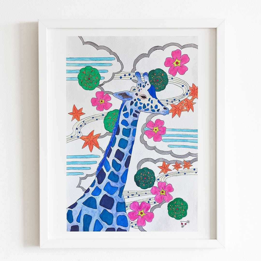 Original Painting // Blue Giraffe //  Another Eternity - 海报/装饰画/版画 - 纸 蓝色