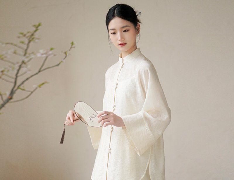 新中式 唐装中国风盘扣禅意茶服衬衫上衣半裙 - 洋装/连衣裙 - 丝．绢 白色