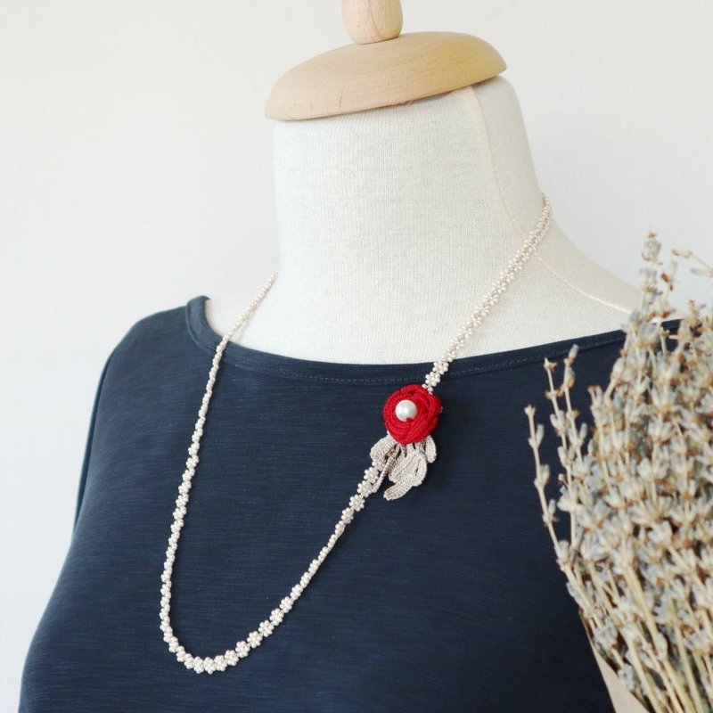 蕾丝针织项链【玫瑰/珍珠】宝石红 - 项链 - 绣线 红色