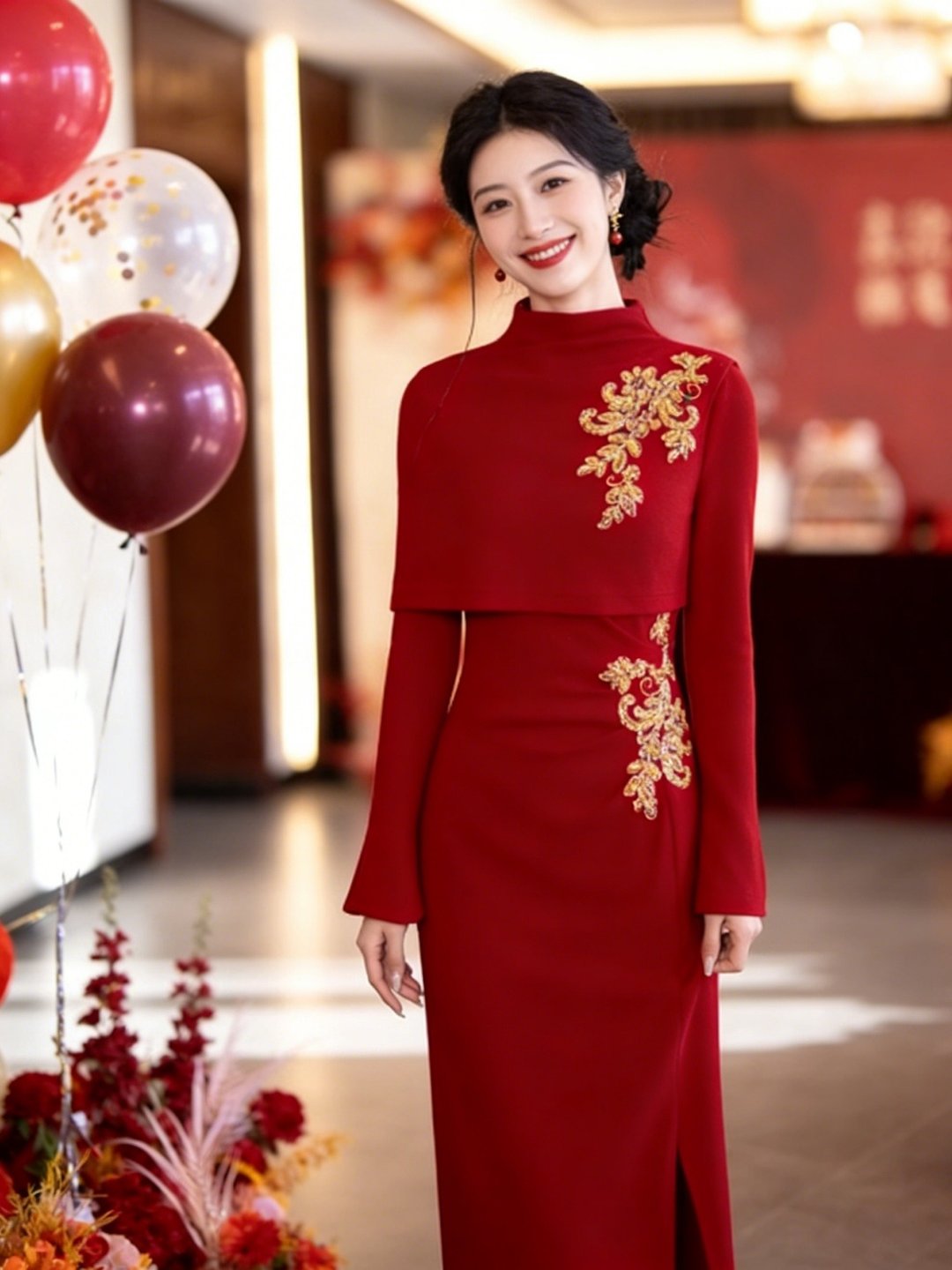 新中式紅色長袖立領刺繡禮服裙 新娘敬酒服高級感婚禮禮服 - 旗袍 - 其他人造纤维 红色