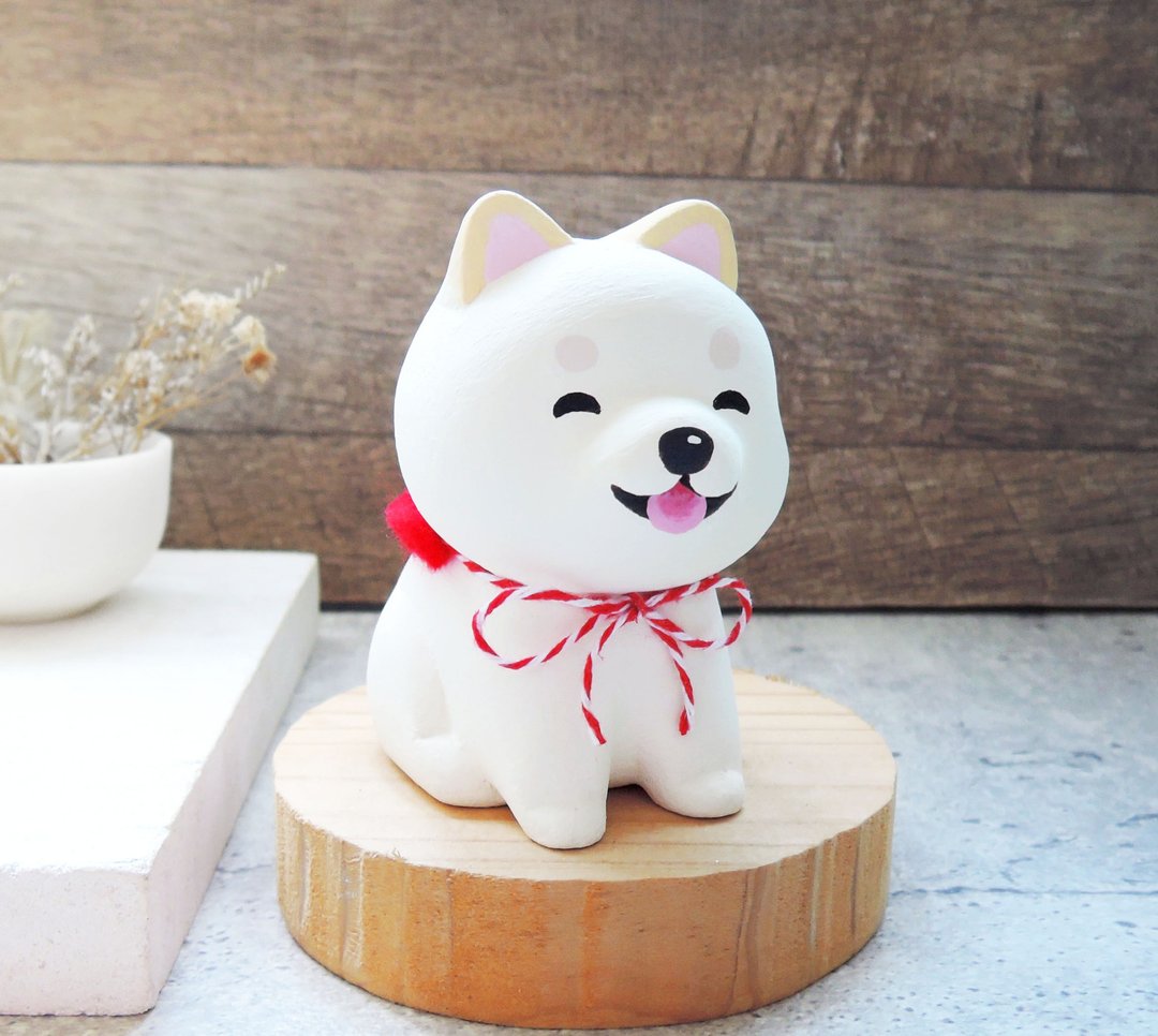 笑眯眯萌呆小柴犬 白柴 公仔 摆饰 笔架 手工疗愈小木雕 - 摆饰 - 木头 白色