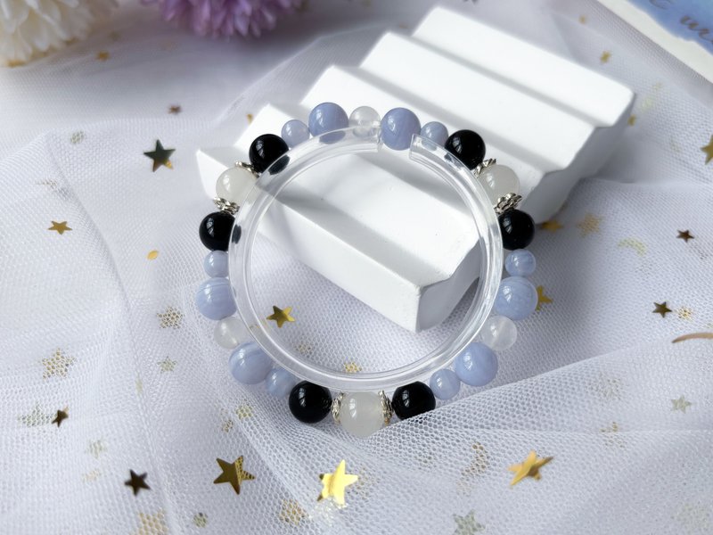 【初雪】天然蓝纹玛瑙 黑玛瑙 蓝月亮石 玉髓 S925纯银 设计手链 - 手链/手环 - 水晶 蓝色