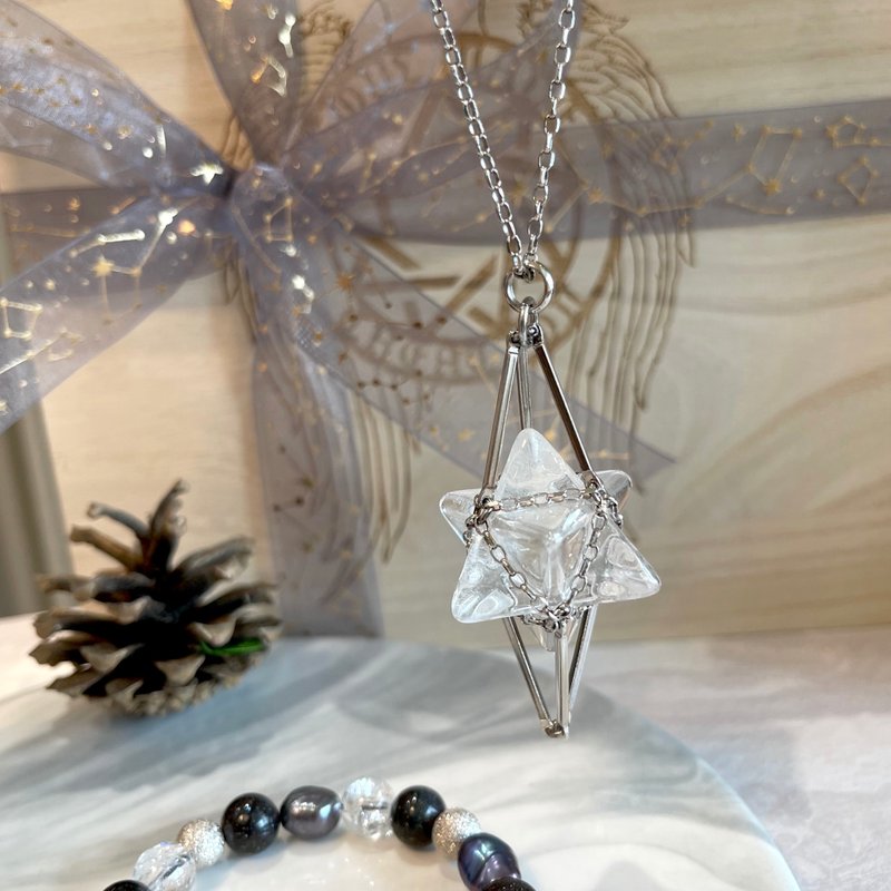【Merkaba】梅尔卡巴项链/ 白水晶/ 纯银/皮绳颈链 水晶颈链 - 项链 - 水晶 白色