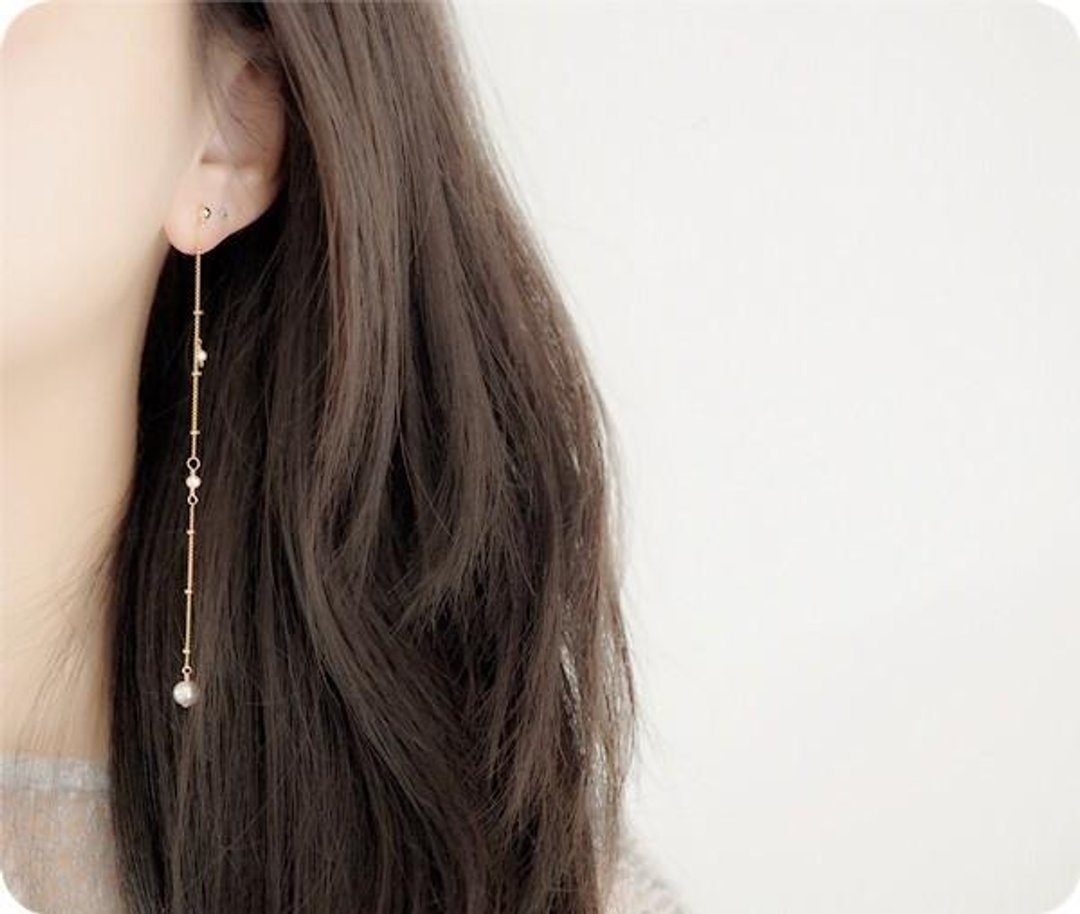 RLL.S Limited Freshwater Pearl Genuine Pearl Long Type 2WAY Ball Chain Stud Clip-On 1 Pair - 耳环/耳夹 - 宝石 白色