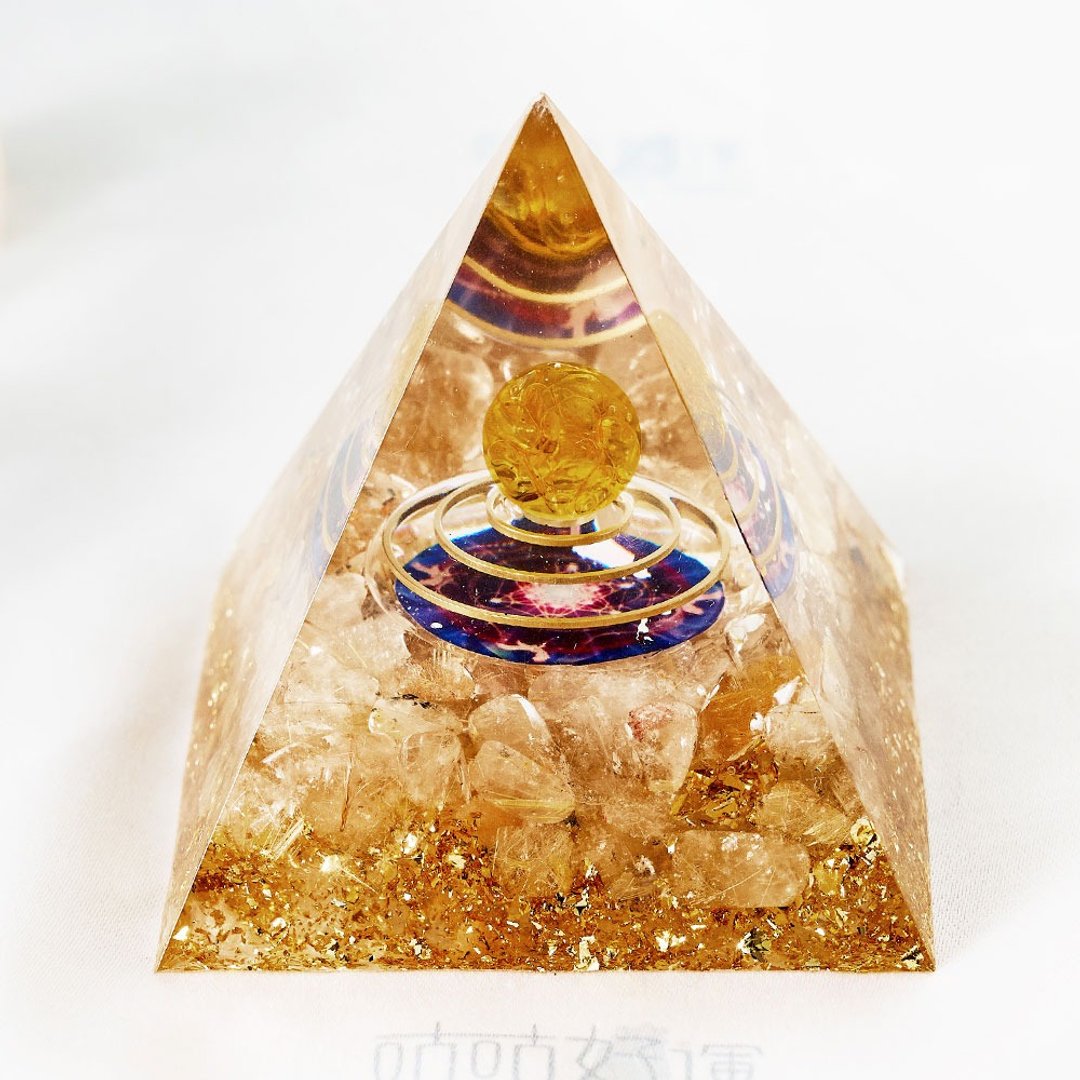 奥罡能量金字塔-黄水晶+黄发晶(含开光)│聚焦你的意念│招财运 - 摆饰 - 宝石 金色