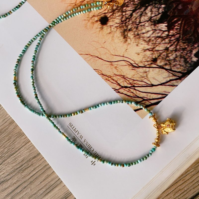 2mm 天然原矿绿松石 银制马到成功坠设计多圈手串项链 s - 手链/手环 - 植物．花 绿色