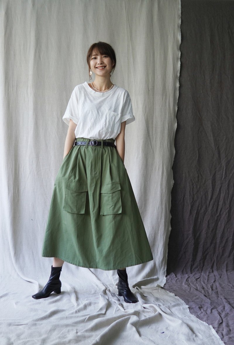 工装军绿色半身裙 大口袋复古秋冬 高密水洗全棉 日系英伦fudge风 - 裙子 - 棉．麻 绿色