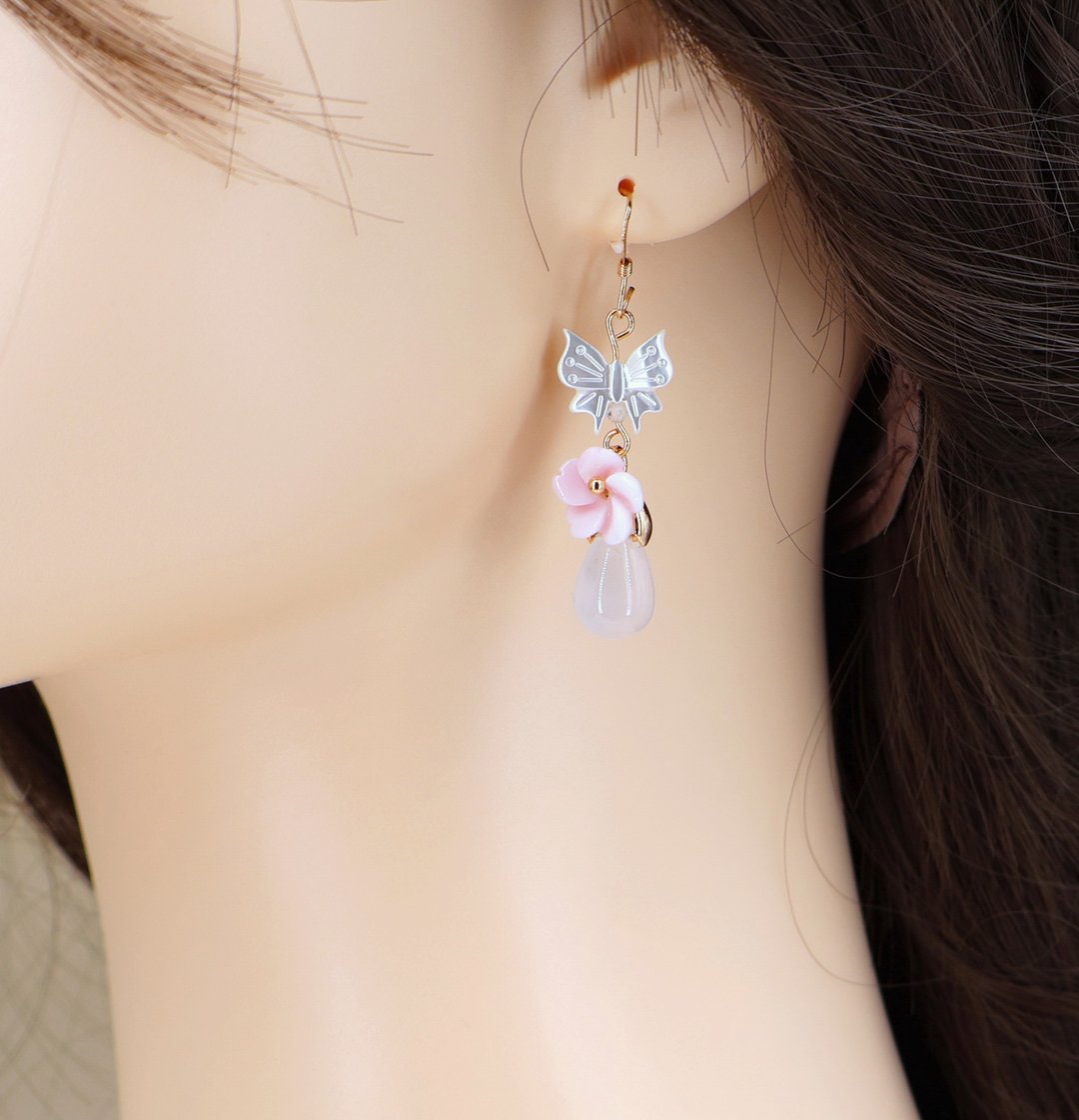 女皇贝樱花耳环/美国 14K 包金防敏耳勾/可改耳夹 - 耳环/耳夹 - 玉石 粉红色