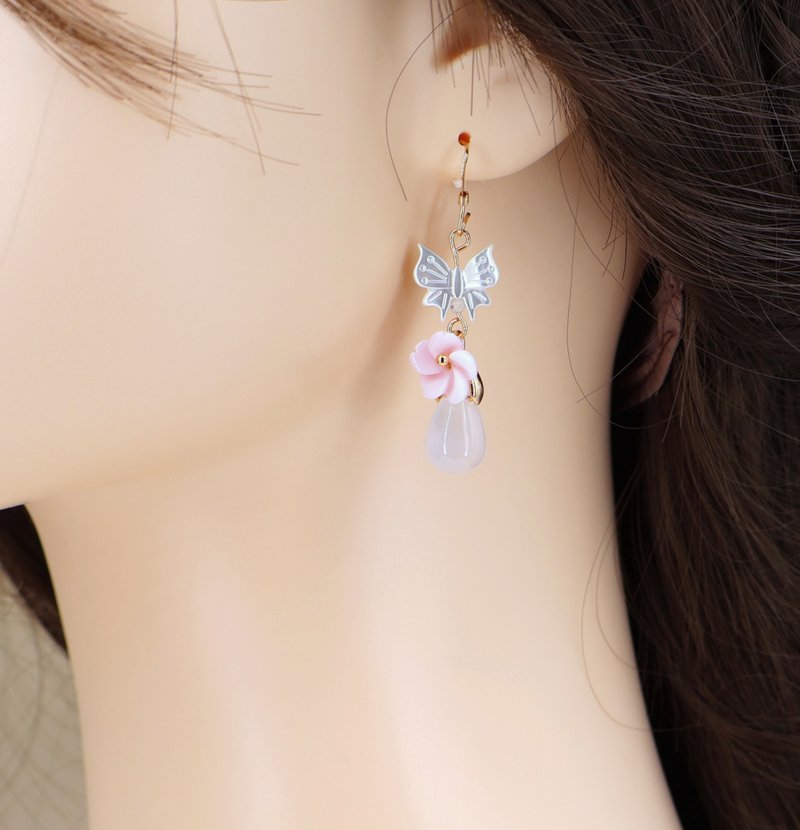 女皇贝樱花耳环/美国 14K 包金防敏耳勾/可改耳夹 - 耳环/耳夹 - 玉石 粉红色