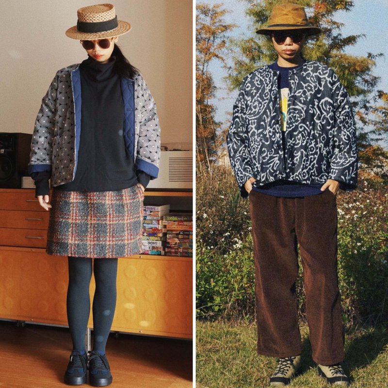 圓形漩渦提花和牛仔白色花紋印花 冬季夾棉大衣外套棉服 - 女装休闲/机能外套 - 棉．麻 蓝色