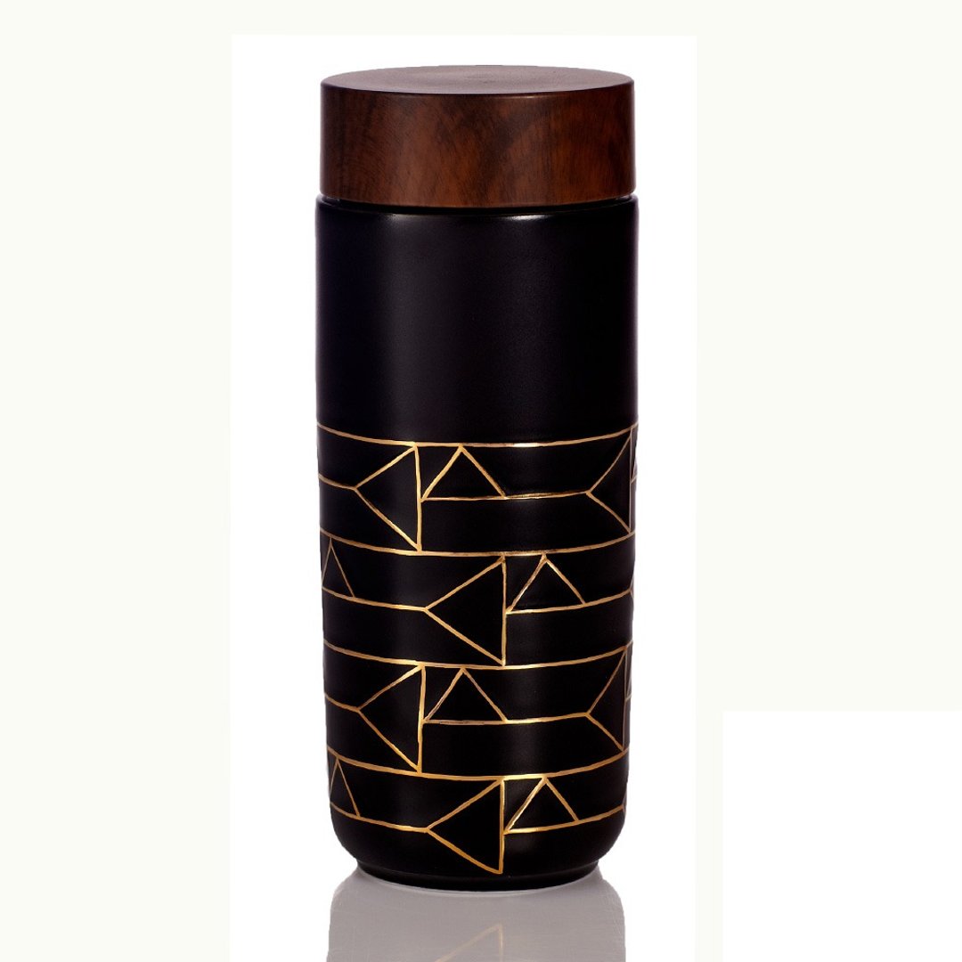 点石成金随身杯_横纹 / 大 / 双层 / 无光黑描金 / 仿木纹盖 - 茶具/茶杯 - 瓷 