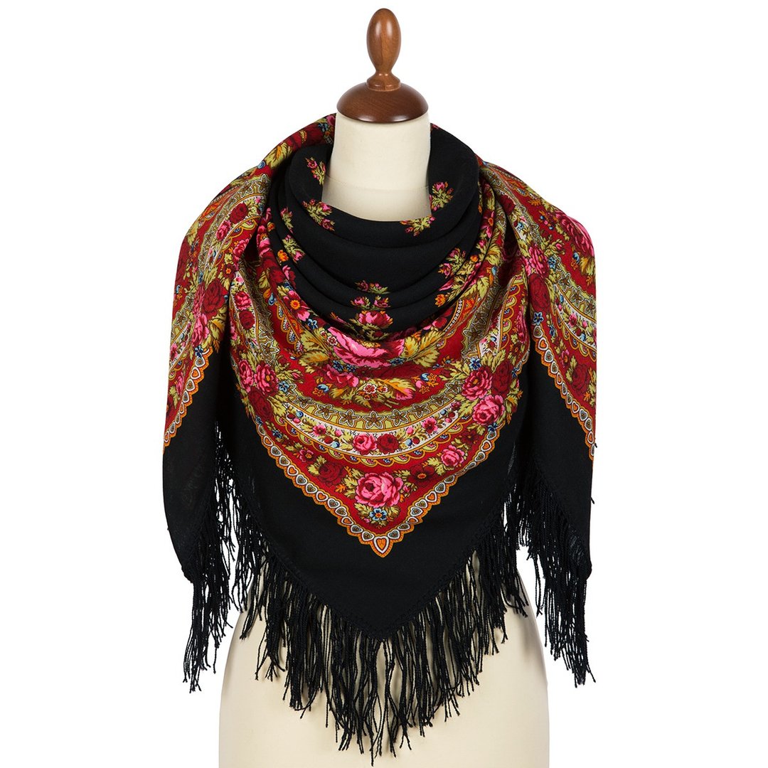 Pavlovo Posad Russian Shawl 100% Wool Scarf 125x125 cm Woolen Fringe 1901-18 - 丝巾 - 羊毛 黑色
