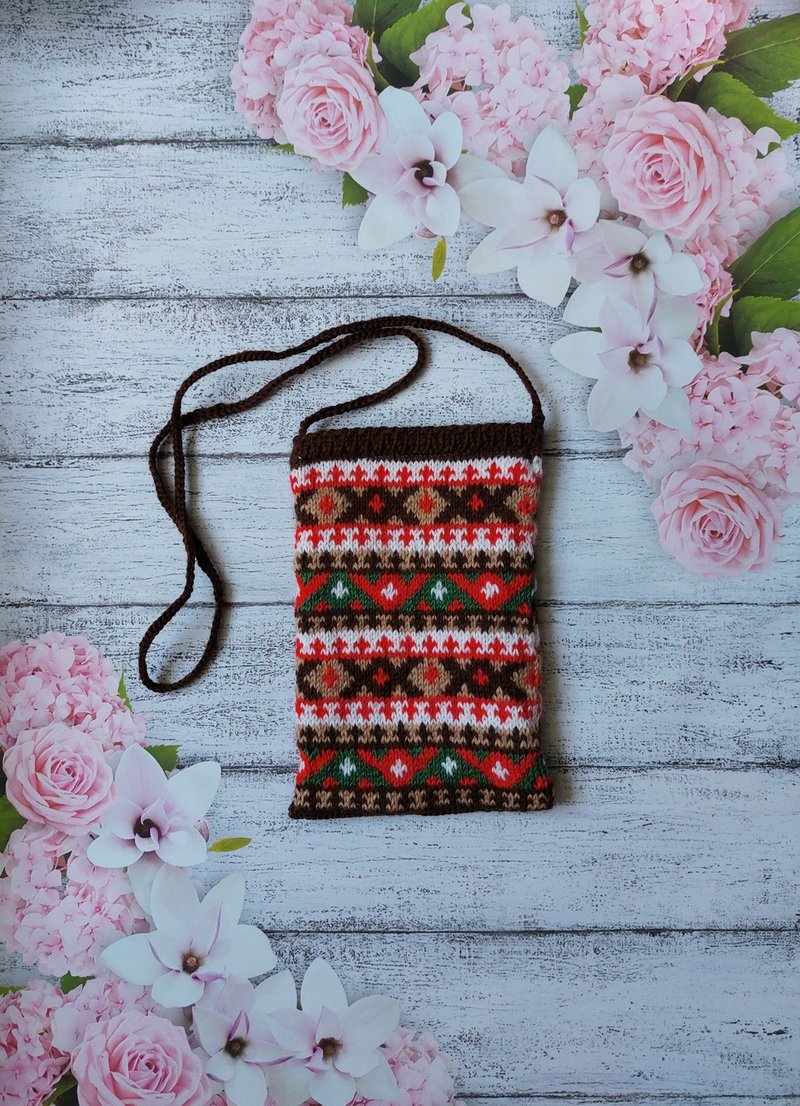 针织棕提花图案手机或档案包、颈部包 - 手机壳/手机套 - 羊毛 多色