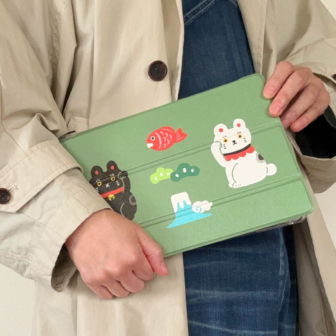 手帐型 iPad 保护壳【招财猫】三折式支架功能塑胶固定夹款 - 平板/电脑保护壳 - 人造皮革 绿色