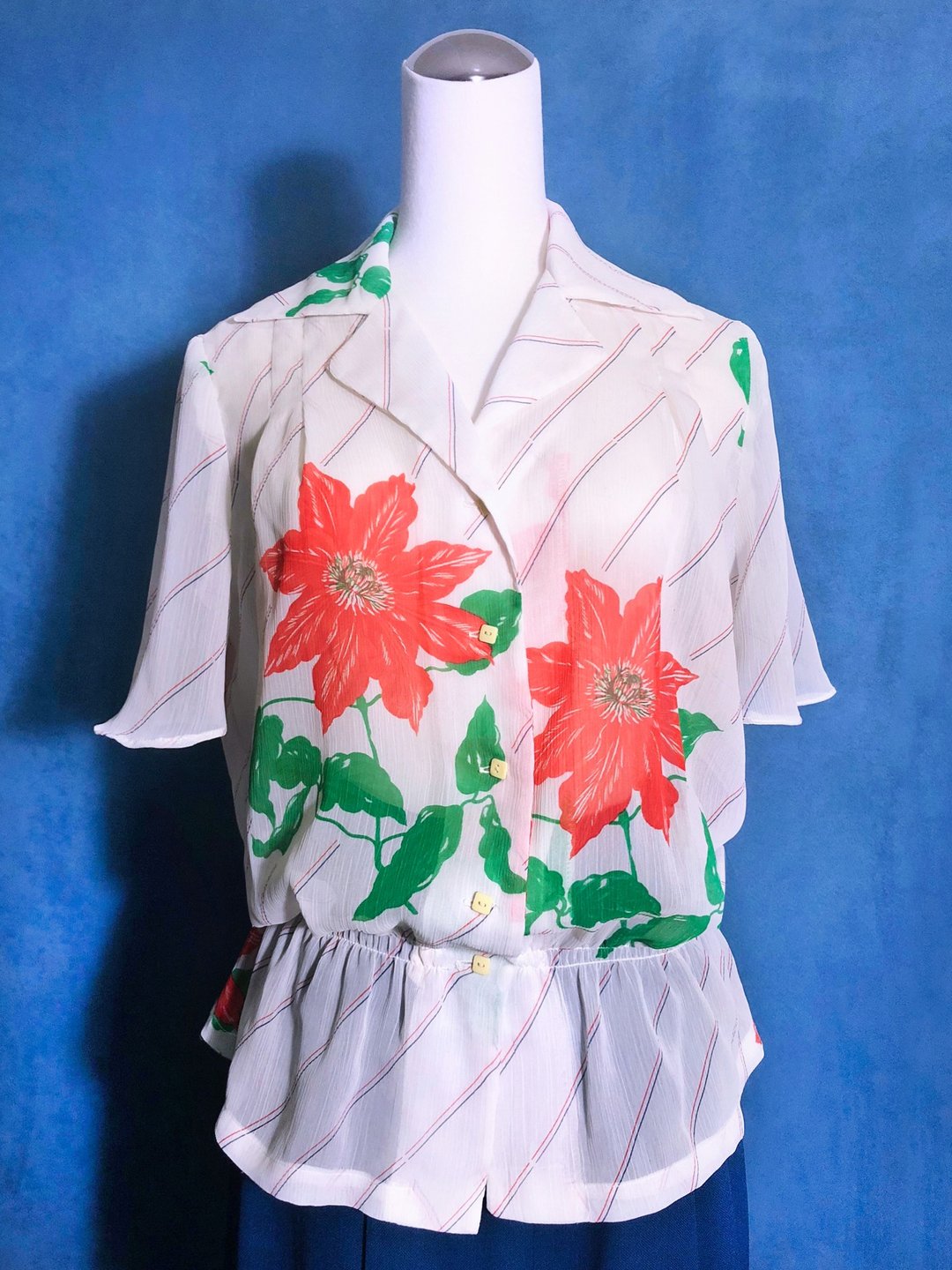 花朵宽弧袖雪纺古着衬衫/ 国外带回 VINTAGE - 女装衬衫 - 聚酯纤维 白色