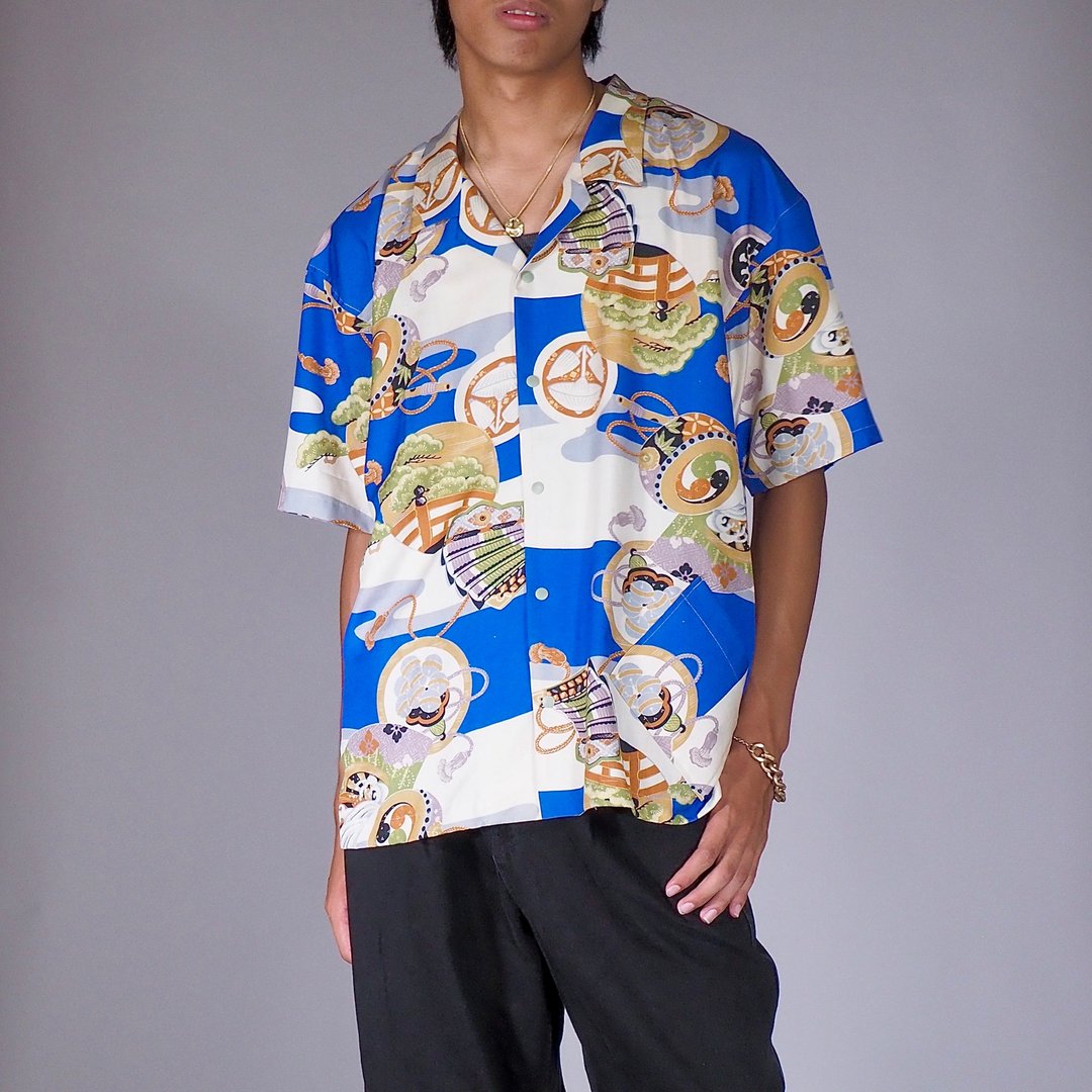 【日本制造】复古丝绸和服复刻版、男士 L 衬衫、半袖、按扣 - 男装衬衫 - 丝．绢 蓝色