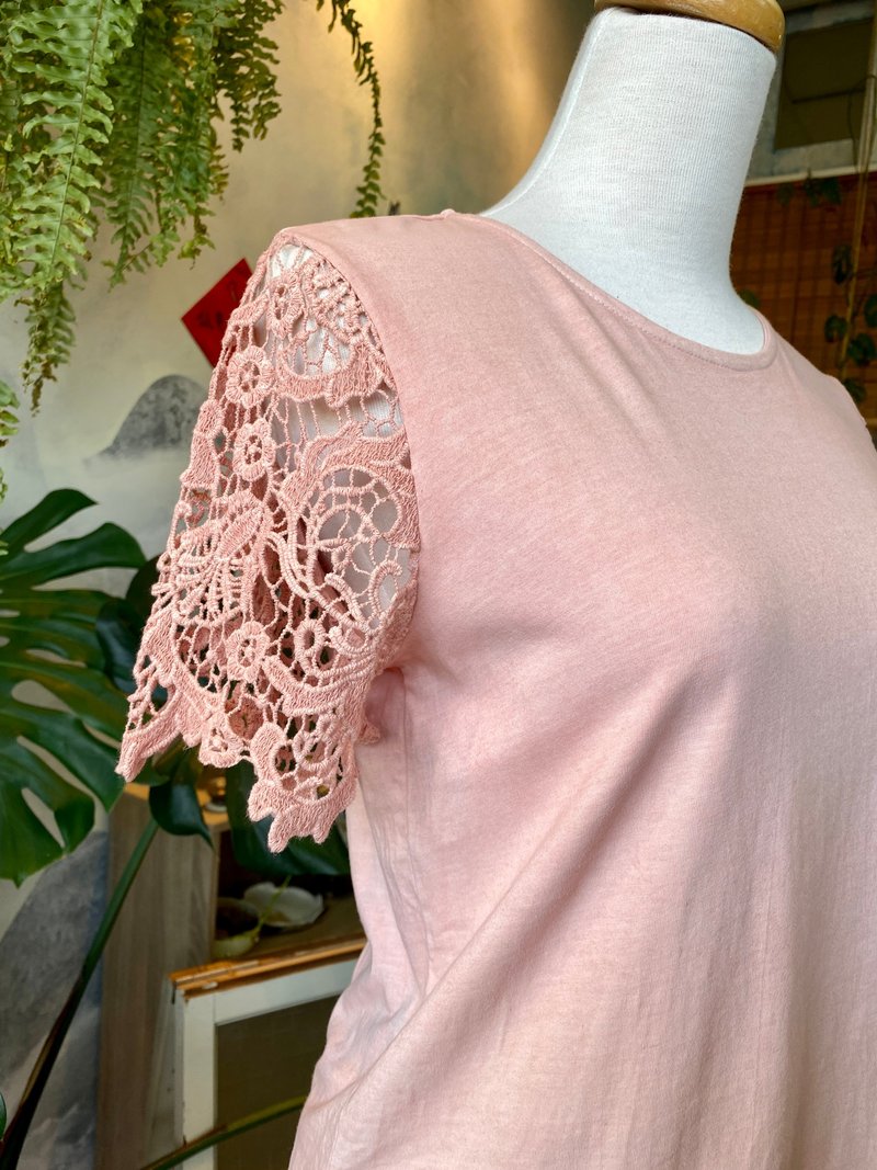 天然矿物泥染 粉樱/橙色 圆领蕾丝短袖上衣  100%有机棉 - 女装背心 - 棉．麻 粉红色