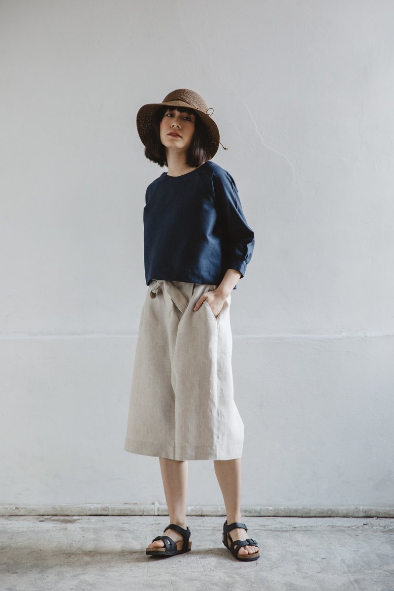 高腰七分休闲宽裤赠腰带-自然色 - 女装长裤 - 棉．麻 卡其色