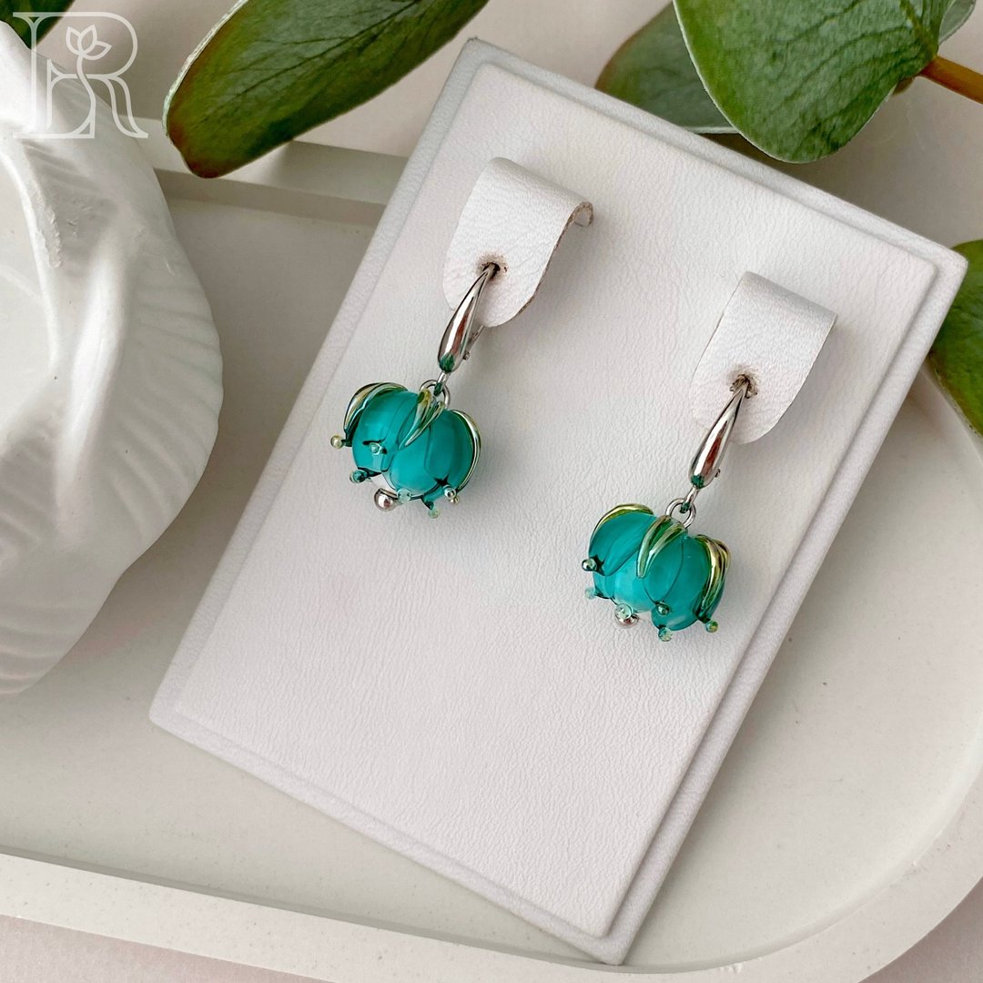 Murano Glass Silver Unique Jewelry Gifts for Mom / Glass Beads Flower Earrings - 耳环/耳夹 - 纯银 蓝色
