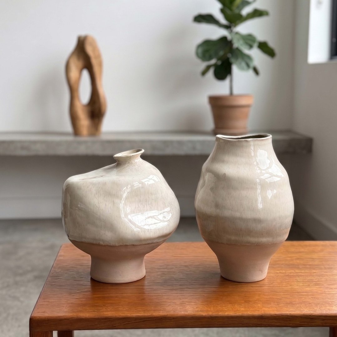 侘寂不规则 双拼质感陶瓷花器/大型摆件 (28 cm / 30 cm) - 花瓶/陶器 - 瓷 