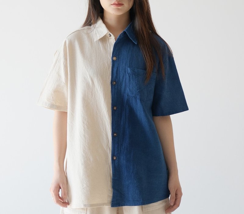 【棉質手工蓝染】中性寬鬆雙色衬衫 - 女装衬衫 - 棉．麻 蓝色