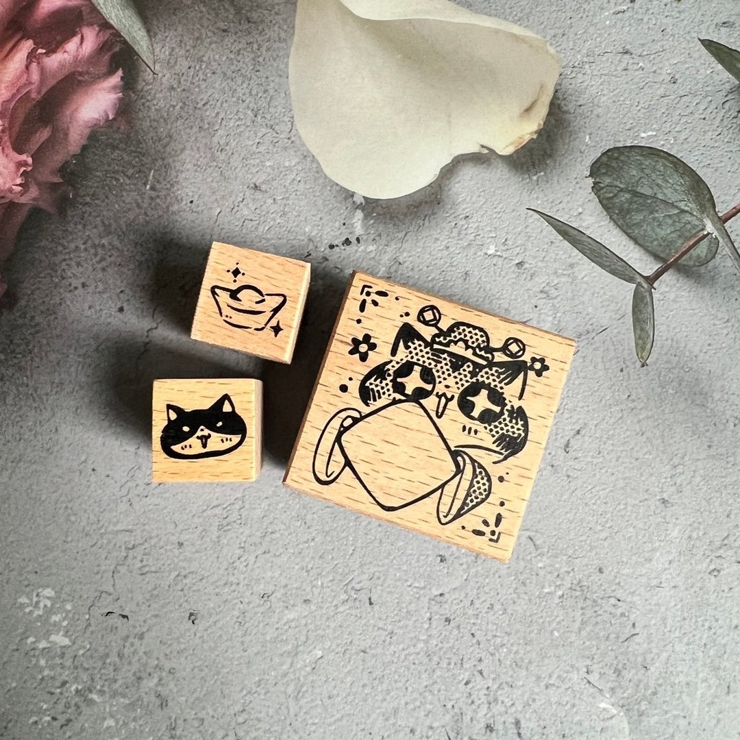 财神猫猫印章套组-榉木橡皮印章 - 印章/印台 - 木头 咖啡色
