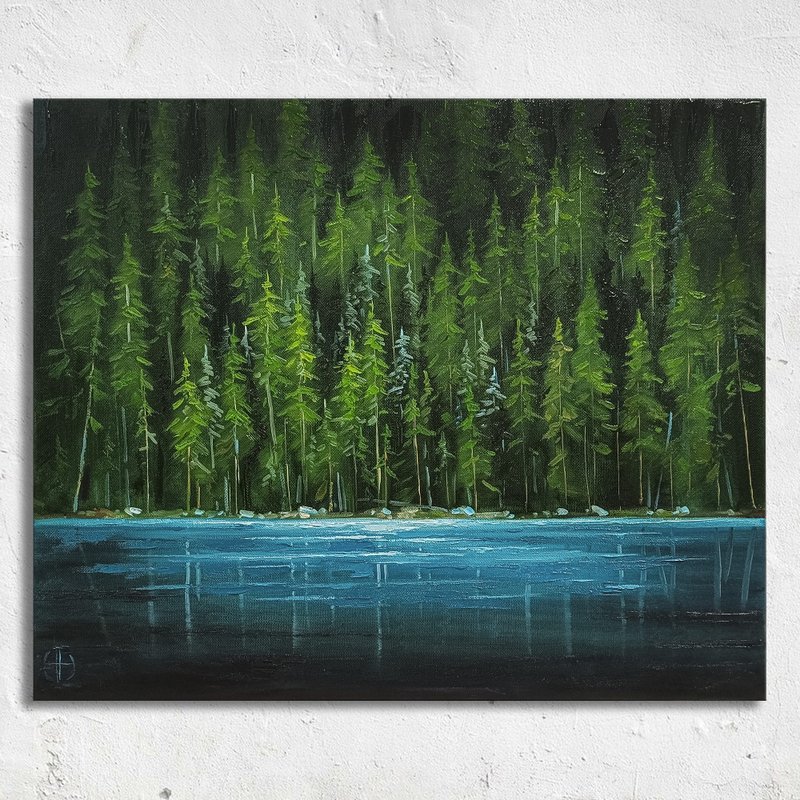 森林湖油画大型全景景观墙艺术常绿树艺术 - 海报/装饰画/版画 - 其他材质 绿色