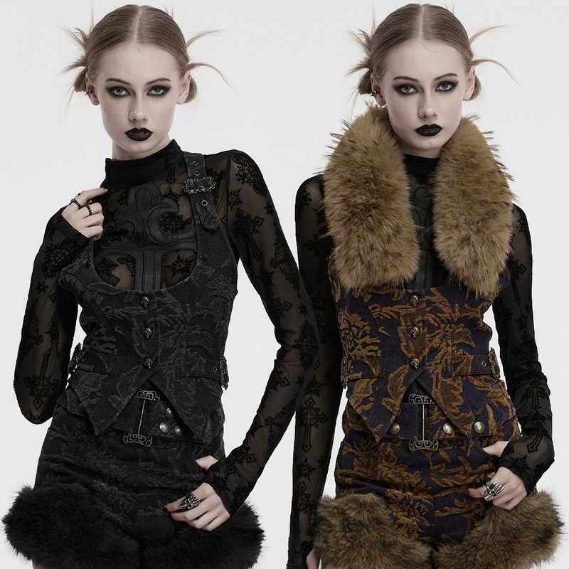 废土萨满毛领缇花丹宁马甲 - 多色 / 黑  / 可拆毛条 - 女装背心 - 其他材质 卡其色